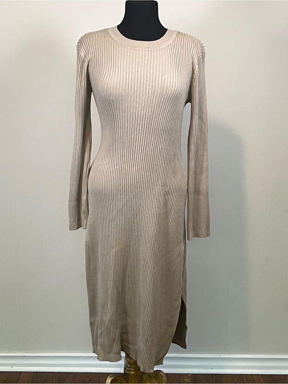 All in Favor Ribbed Knit Midi Sweater Dress Beige Long Sleeve Side Slit XL